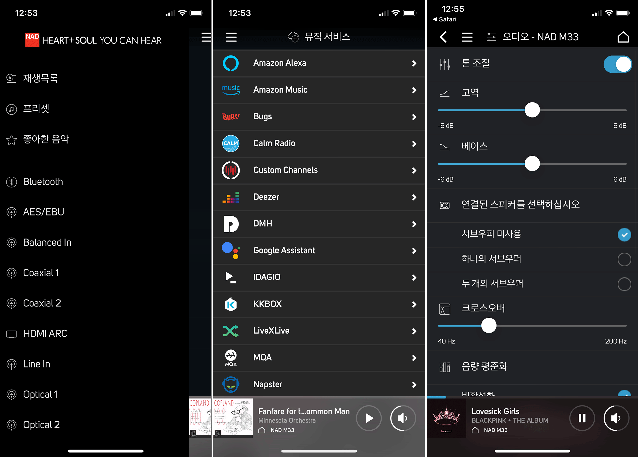 BluOS 전용앱의 설정 및 목록화면